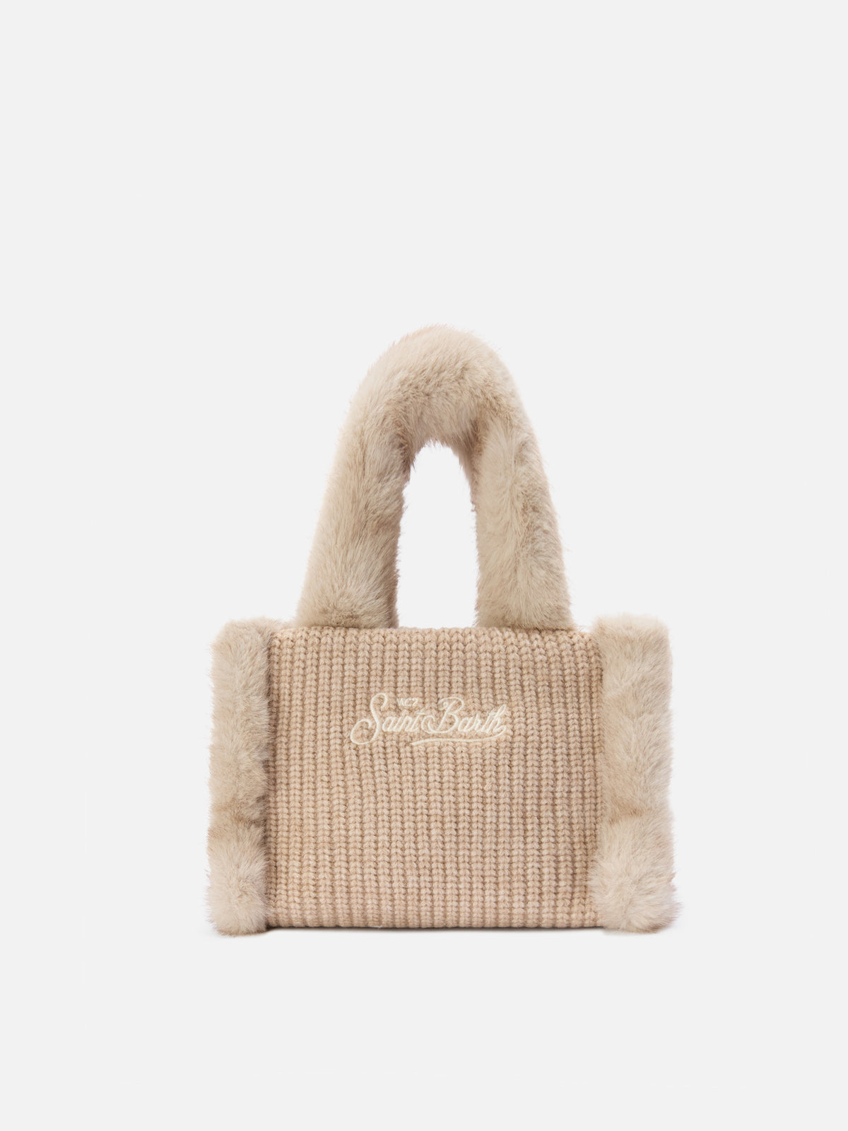 Beige Mini-Vanity-Bag aus geripptem Faux-Shearling mit Griffen aus Faux Fur 