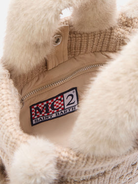 Beige Mini-Vanity-Bag aus geripptem Faux-Shearling mit Griffen aus Faux Fur 