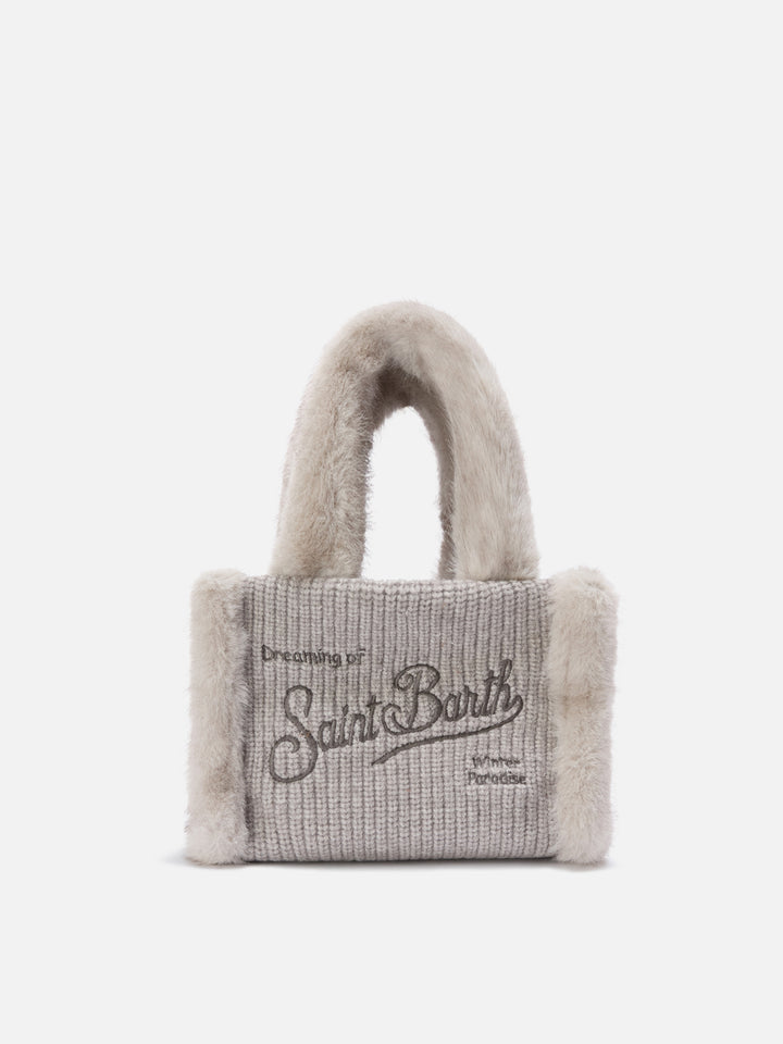 Mini sac Vanity gris en fausse peau lainée côtelée avec poignées en fausse fourrure 