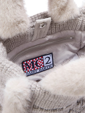 Graue Mini Vanity-Tasche aus geripptem Faux Shearling mit Griffen aus Faux Fur 