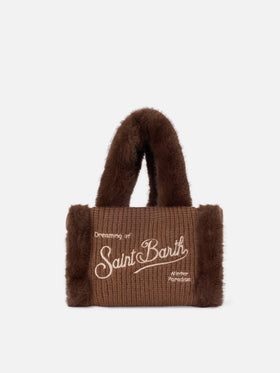 Mini sac Vanity marron en fausse peau lainée côtelée avec poignées en fausse fourrure 