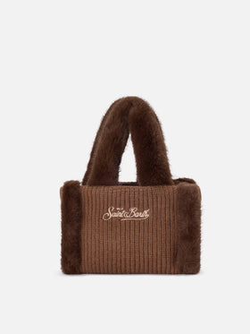 Mini sac Vanity marron en fausse peau lainée côtelée avec poignées en fausse fourrure 