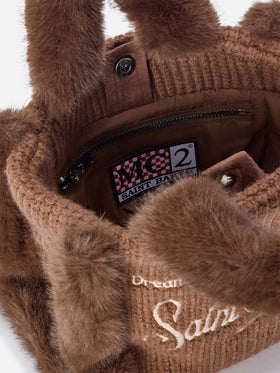 Mini sac Vanity marron en fausse peau lainée côtelée avec poignées en fausse fourrure 