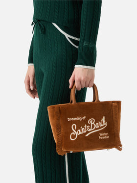 Vanity Mini-Samthandtasche aus braunem Samt und Wildlederimitat