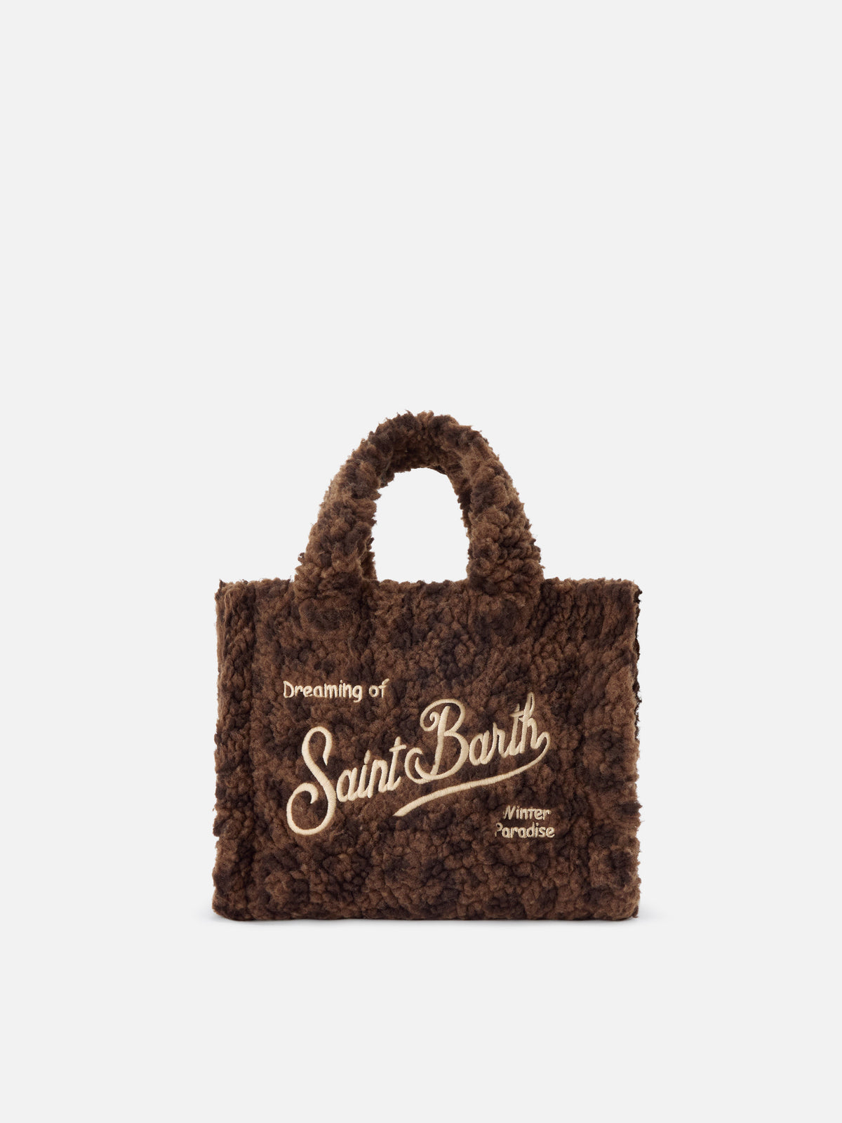 Bolso Mini Vanity marrón en tejido teddy con estampado de leopardo 