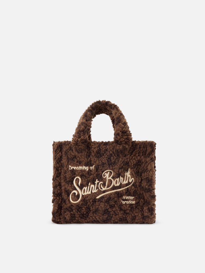 Bolso Mini Vanity marrón en tejido teddy con estampado de leopardo 