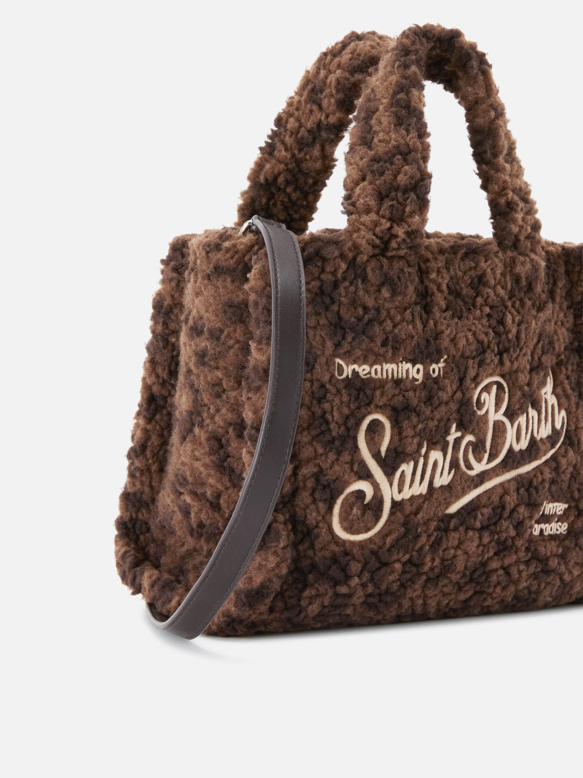 Bolso Mini Vanity marrón en tejido teddy con estampado de leopardo 