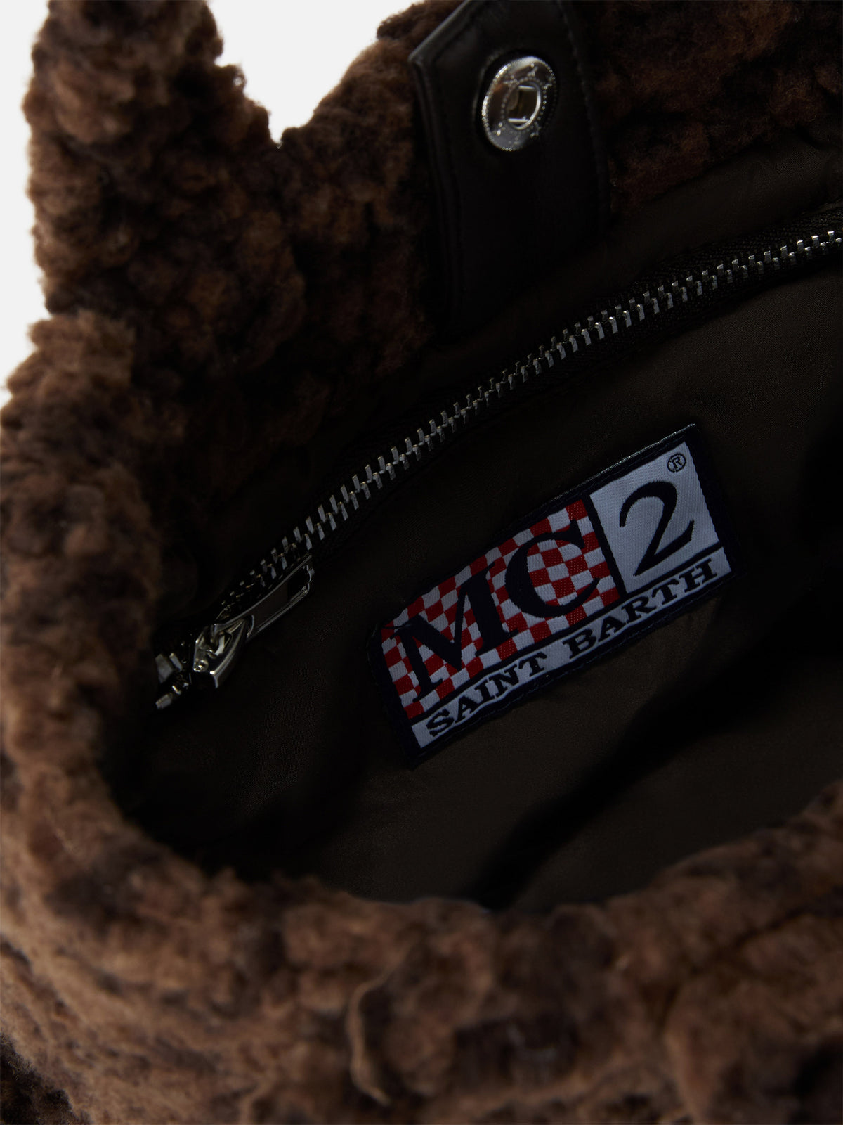 Bolso Mini Vanity marrón en tejido teddy con estampado de leopardo 