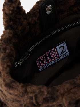 Bolso Mini Vanity marrón en tejido teddy con estampado de leopardo 