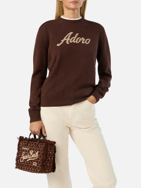 Borsa Mini Vanity marrone in tweed con ricamo logo