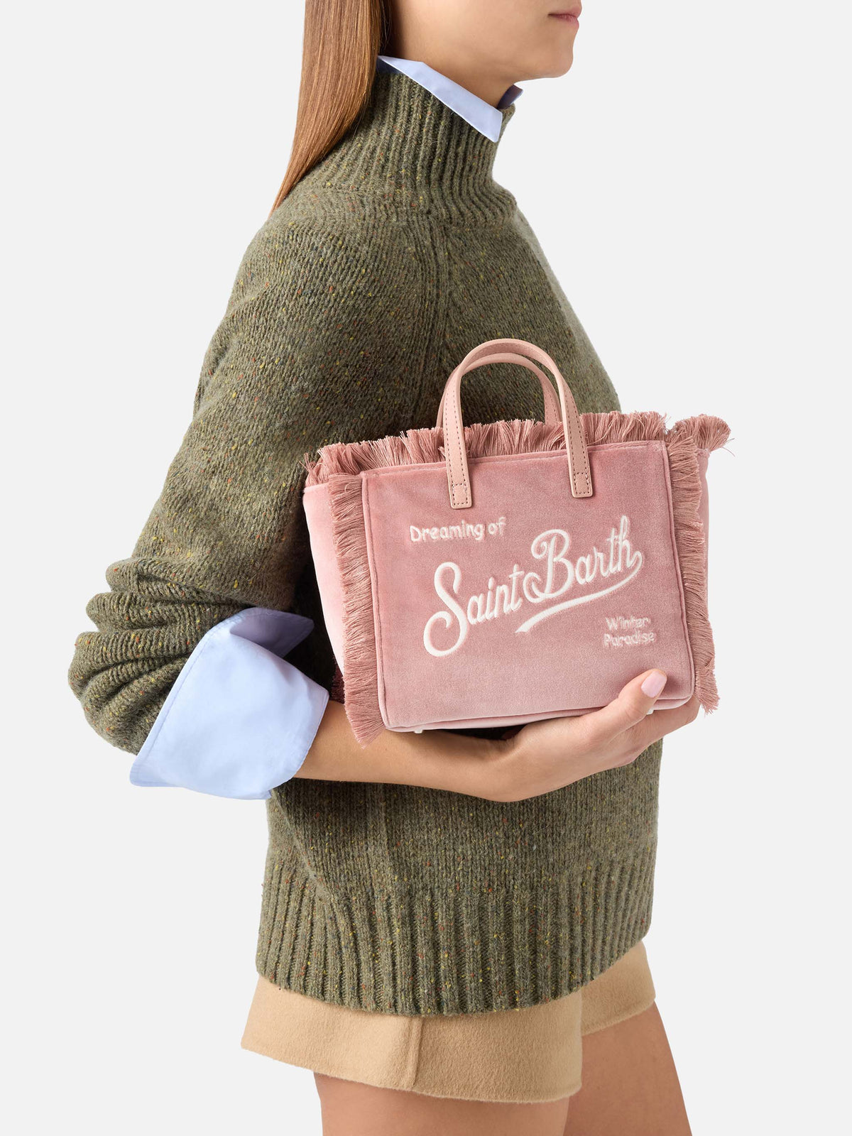 Pink Mini Vanity bag in velvet with logo embroidery