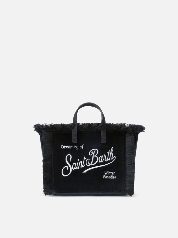 Mini Vanity bag negra en terciopelo con bordado del logo 