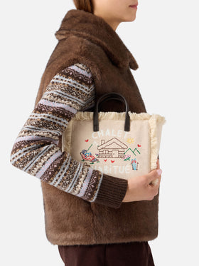 Borsa Mini Vanity beige in feltro con chalet ricamato