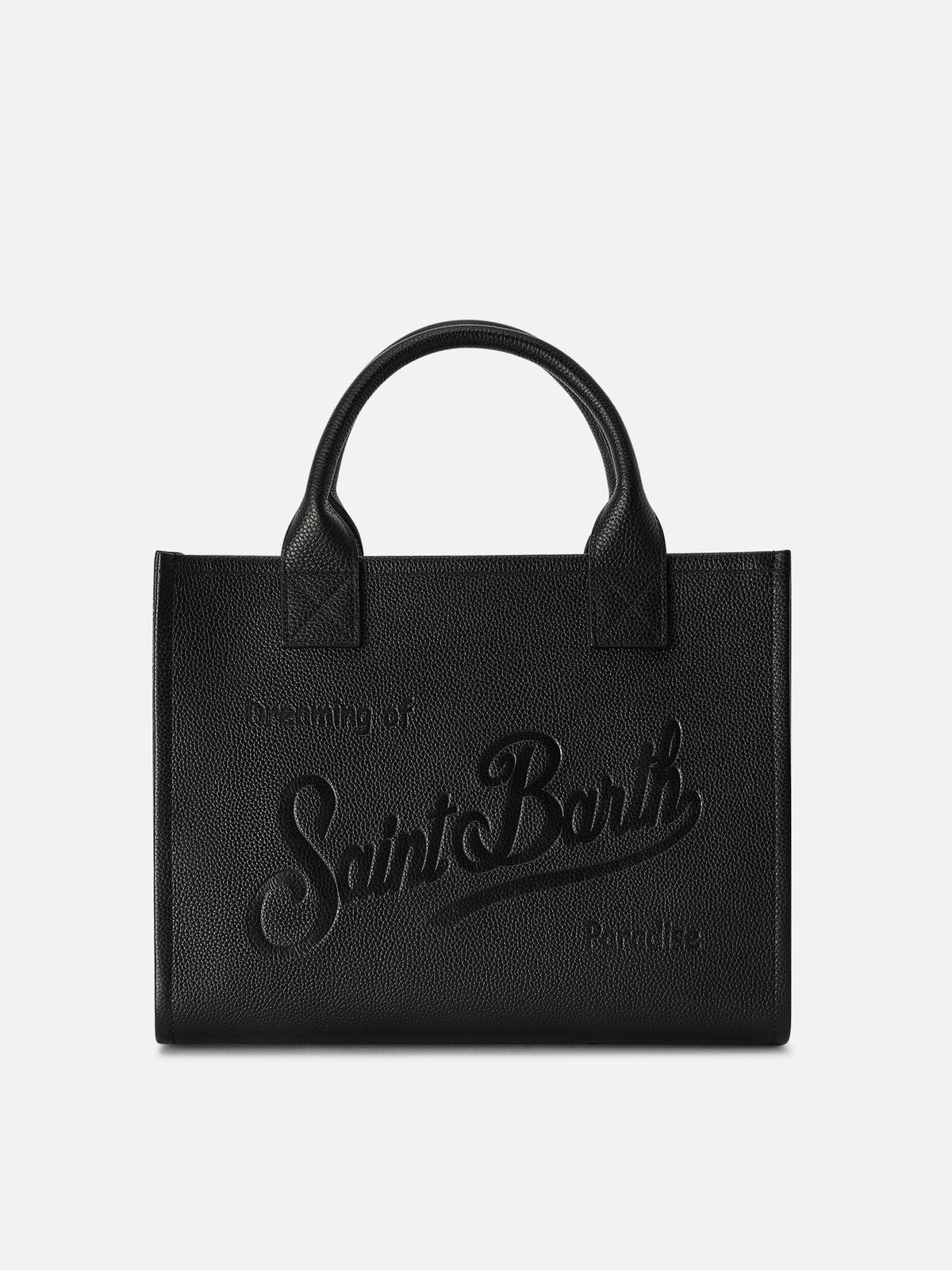 Schwarze große Vanity-Bag aus genarbtem Leder mit Logo-Schriftzug 