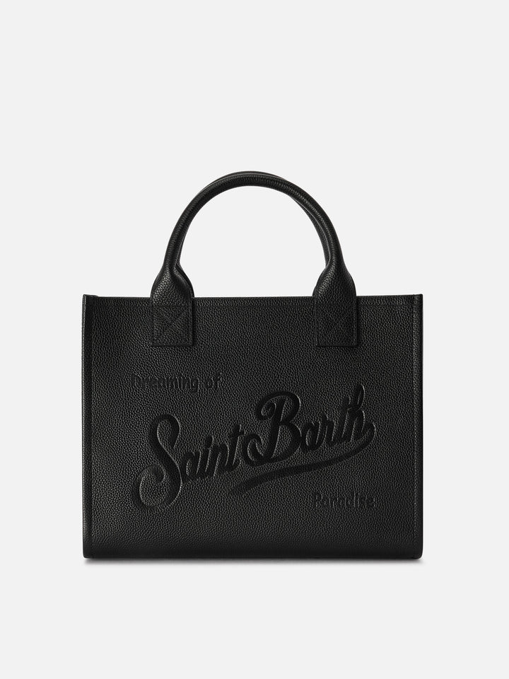 Schwarze große Vanity-Bag aus genarbtem Leder mit Logo-Schriftzug 