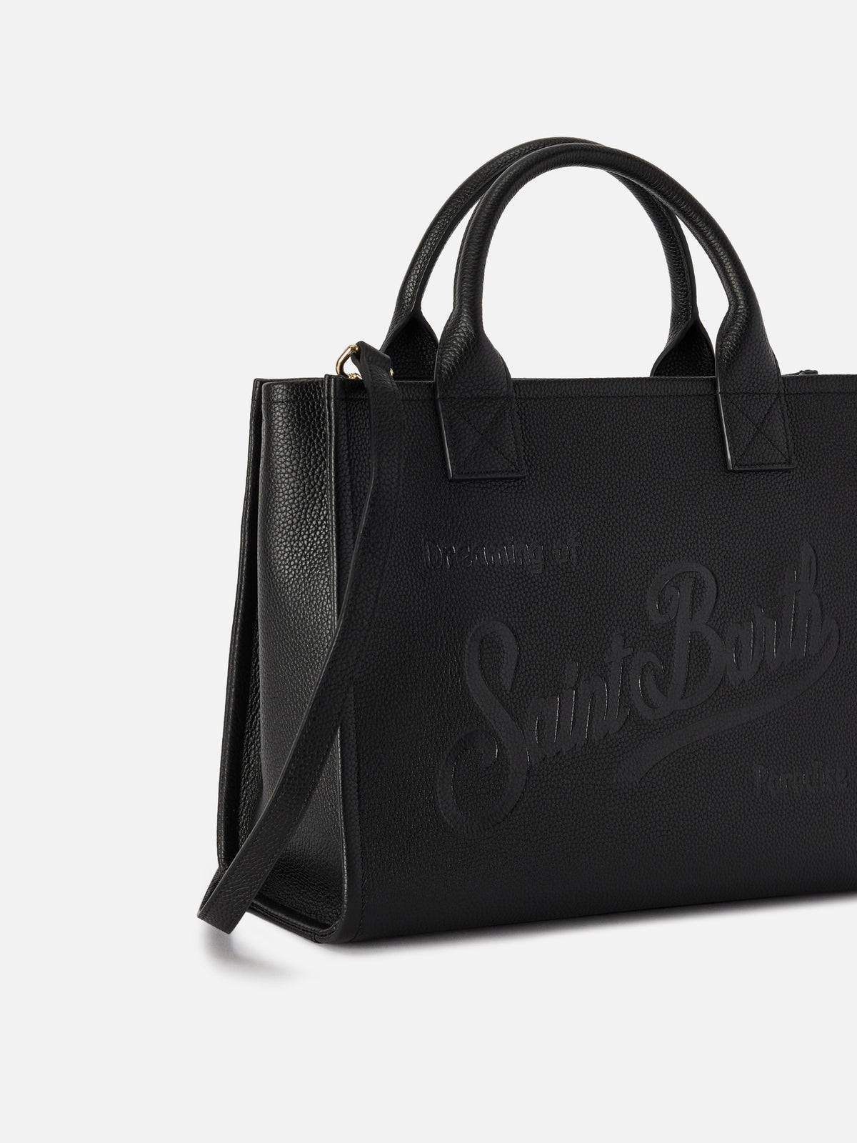 Schwarze große Vanity-Bag aus genarbtem Leder mit Logo-Schriftzug 