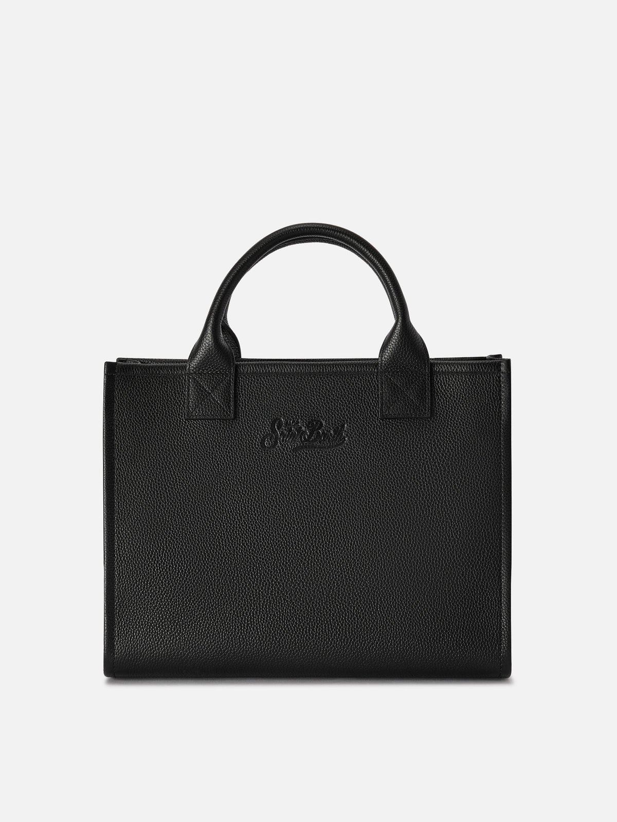 Schwarze große Vanity-Bag aus genarbtem Leder mit Logo-Schriftzug 
