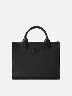 Schwarze große Vanity-Bag aus genarbtem Leder mit Logo-Schriftzug 