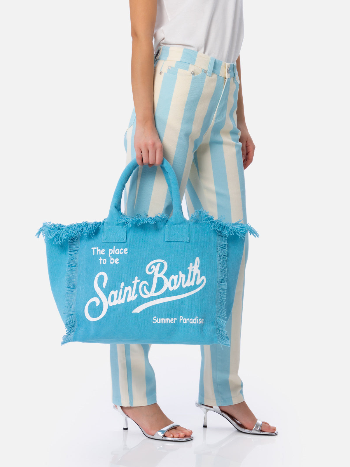 Borsa a spalla Vanity in canvas di cotone azzurro