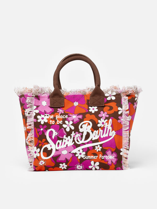 Cotton canvas tote bag with retro flower print