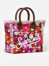 Cotton canvas tote bag with retro flower print