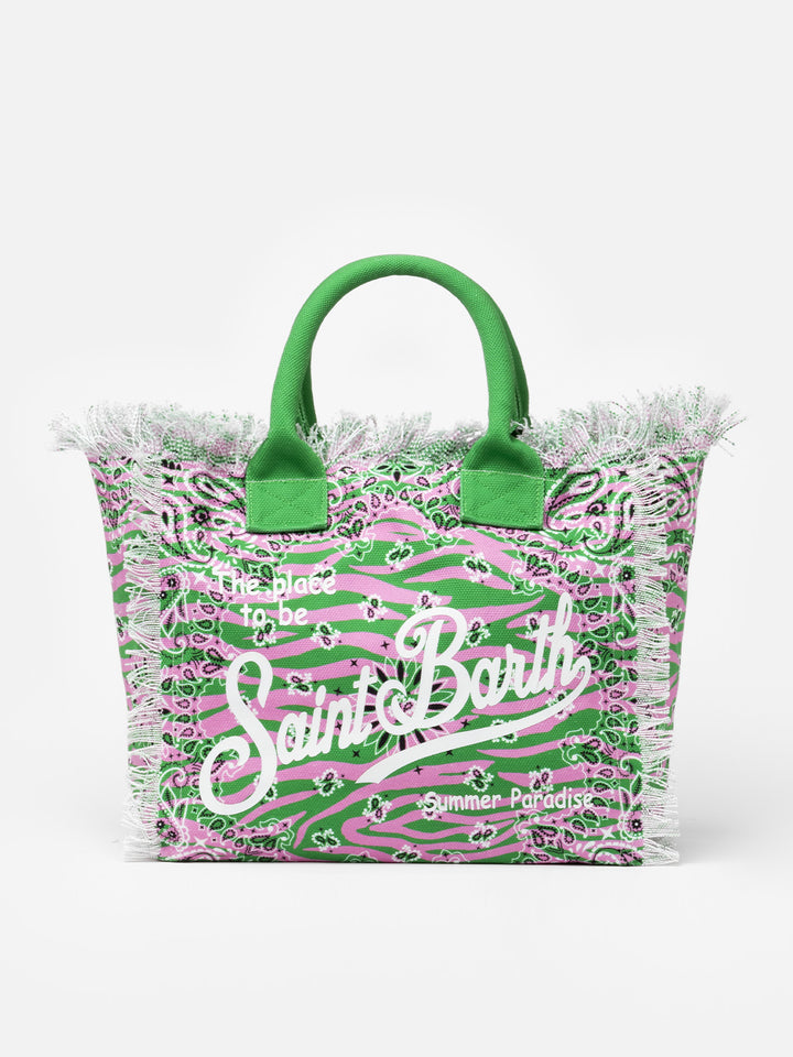 Cotton canvas tote bag with zebra and bandanna print