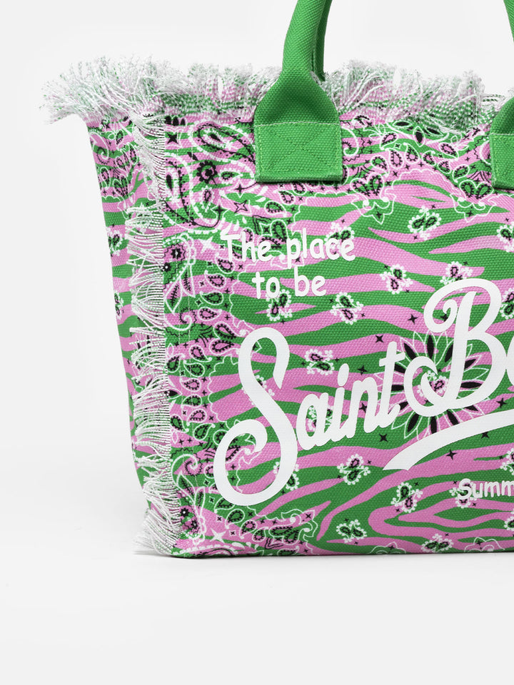 Cotton canvas tote bag with zebra and bandanna print