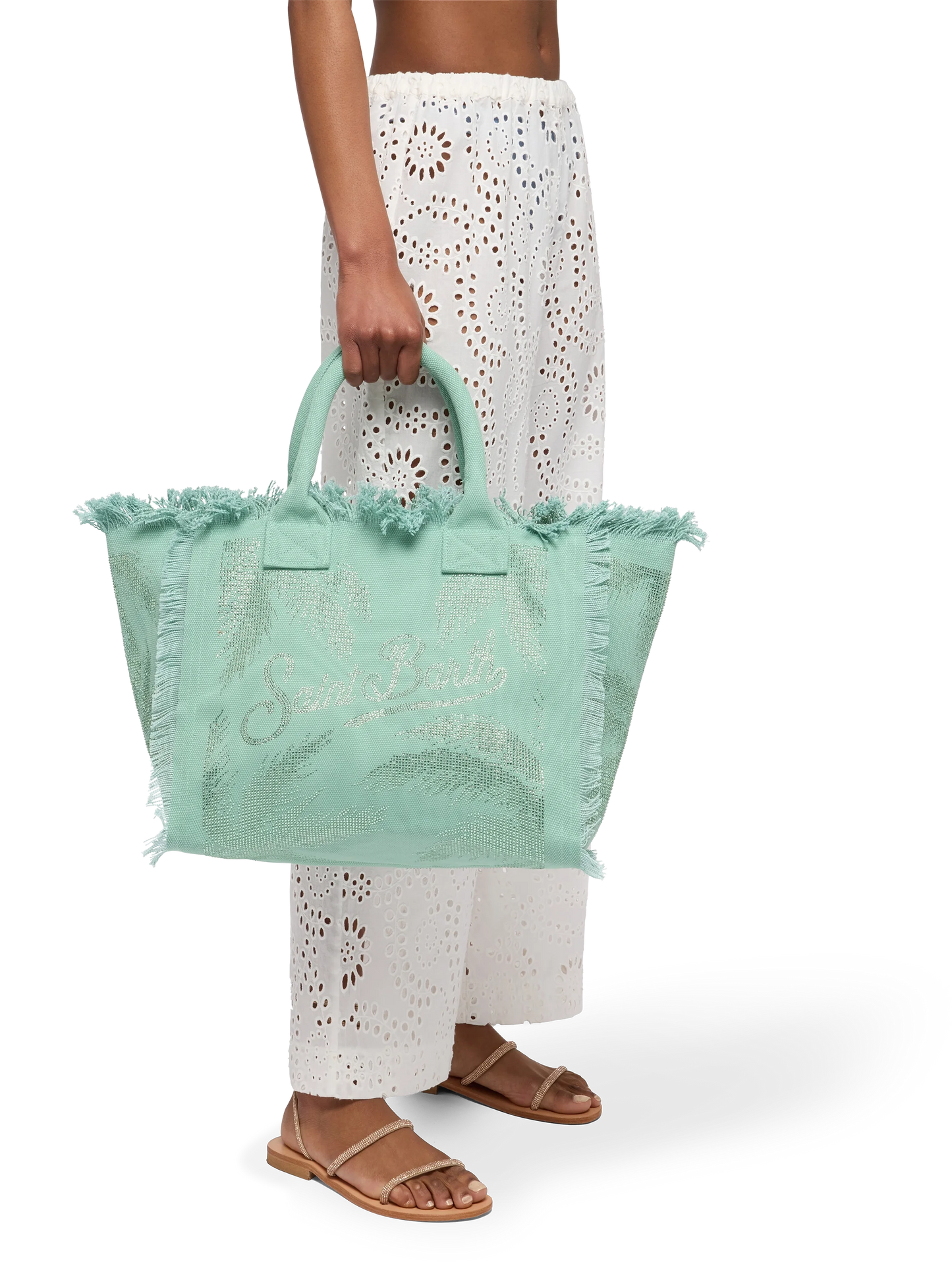 Borsa a spalla Vanity in canvas di cotone verde salvia con decorazioni in strass a forma di palma