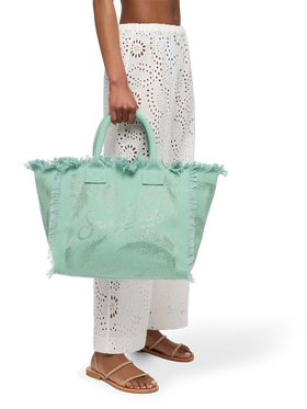 Borsa a spalla Vanity in canvas di cotone verde salvia con decorazioni in strass a forma di palma