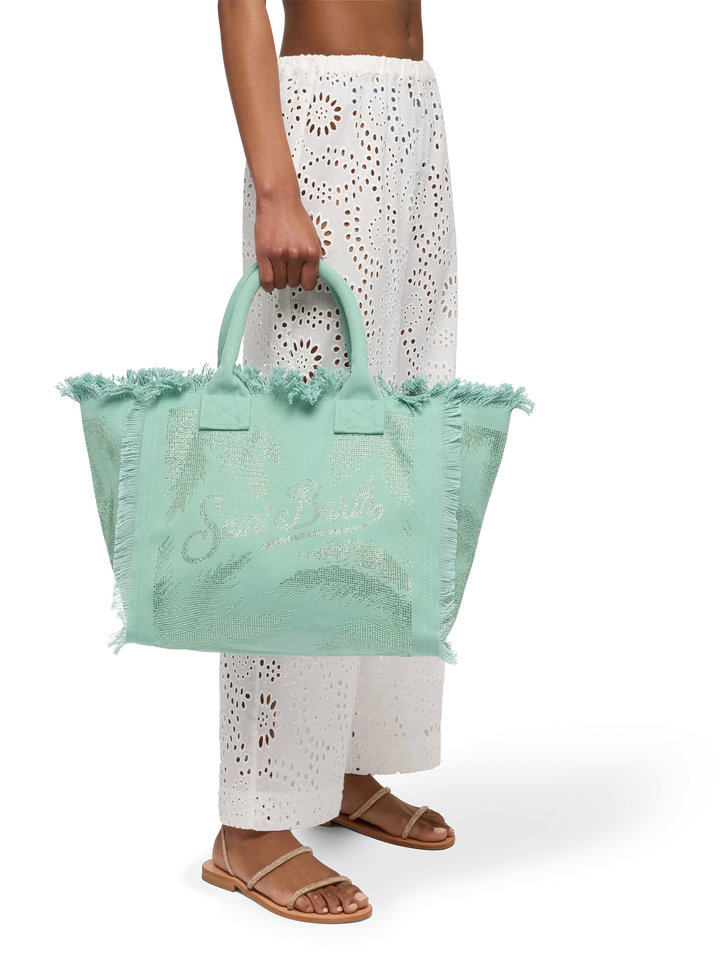 Sage green cotton canvas Vanity tote bag with palm rhinestone embellishment