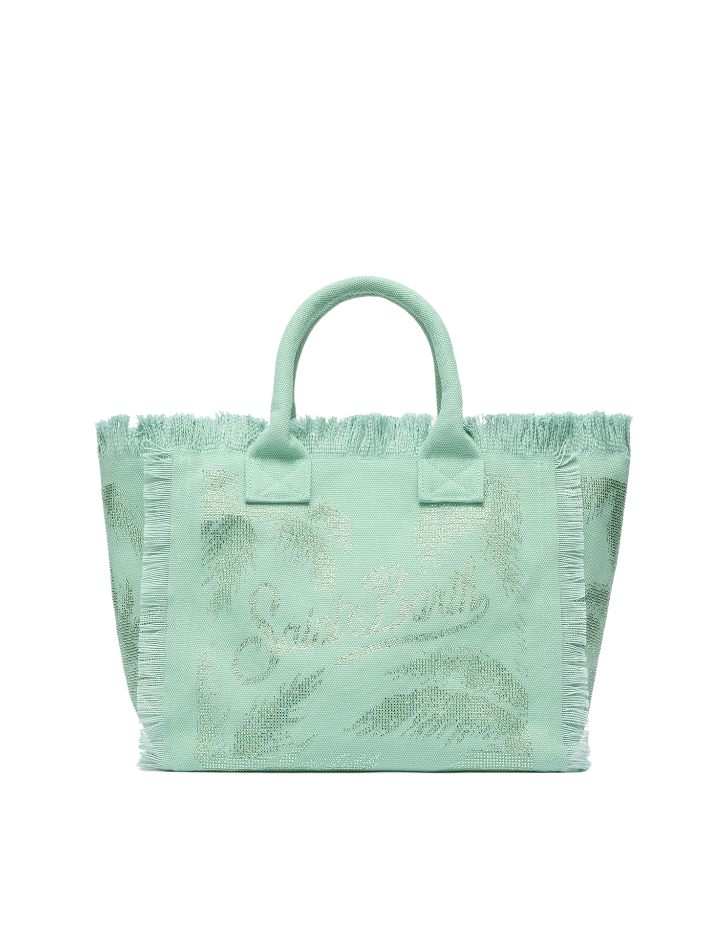 Borsa a spalla Vanity in canvas di cotone verde salvia con decorazioni in strass a forma di palma