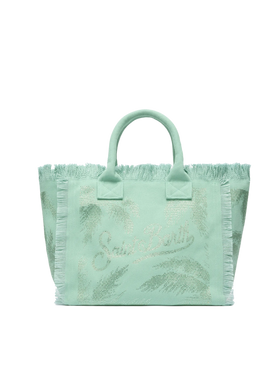 Borsa a spalla Vanity in canvas di cotone verde salvia con decorazioni in strass a forma di palma