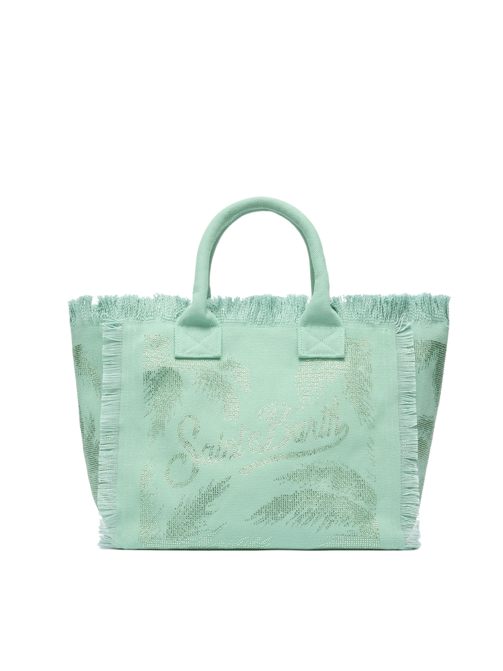 Sage green cotton canvas Vanity tote bag with palm rhinestone embellishment