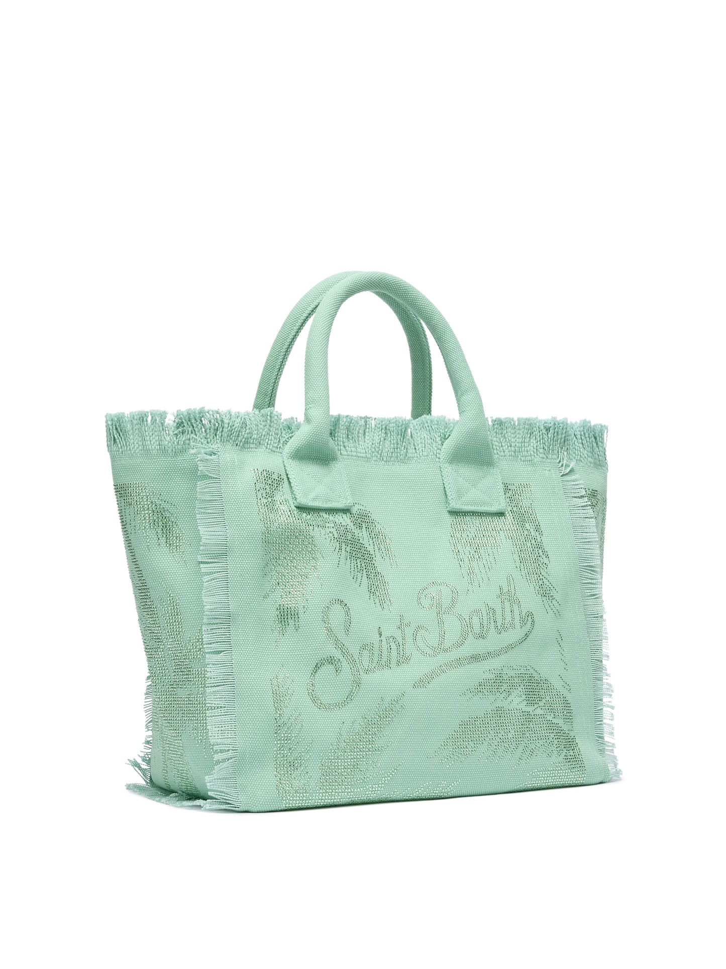 Borsa a spalla Vanity in canvas di cotone verde salvia con decorazioni in strass a forma di palma