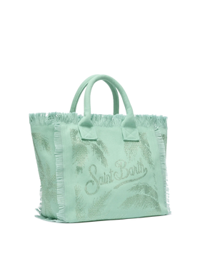 Borsa a spalla Vanity in canvas di cotone verde salvia con decorazioni in strass a forma di palma