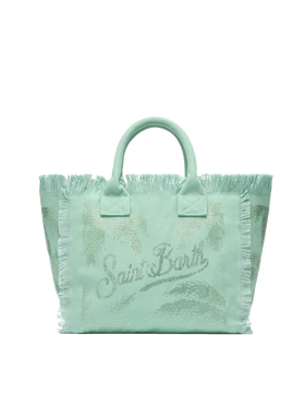 Borsa a spalla Vanity in canvas di cotone verde salvia con decorazioni in strass a forma di palma