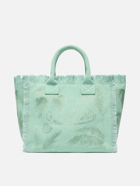 Sage green cotton canvas Vanity tote bag with palm rhinestone embellishment