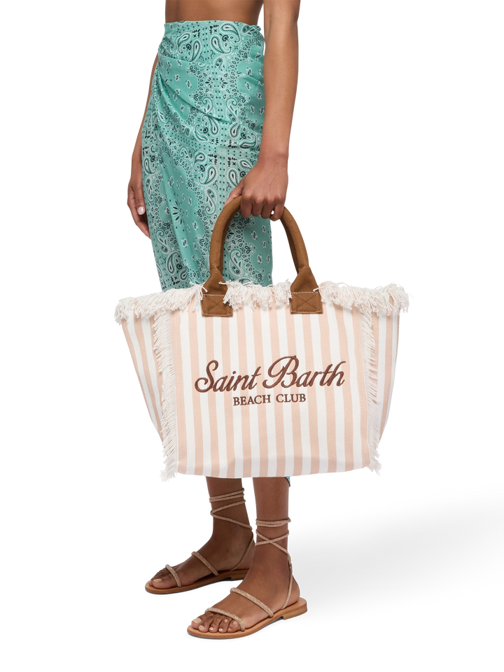 Cotton canvas Vanity tote bag with beige striped print