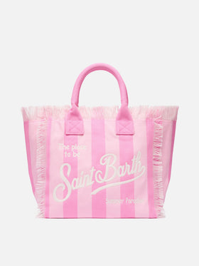 Borsa a spalla Vanity in canvas di cotone con stampa a righe rosa