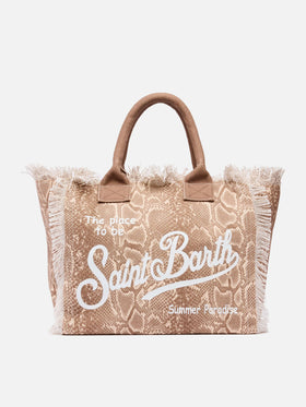Borsa a spalla Vanity in canvas di cotone con stampa pelle di serpente