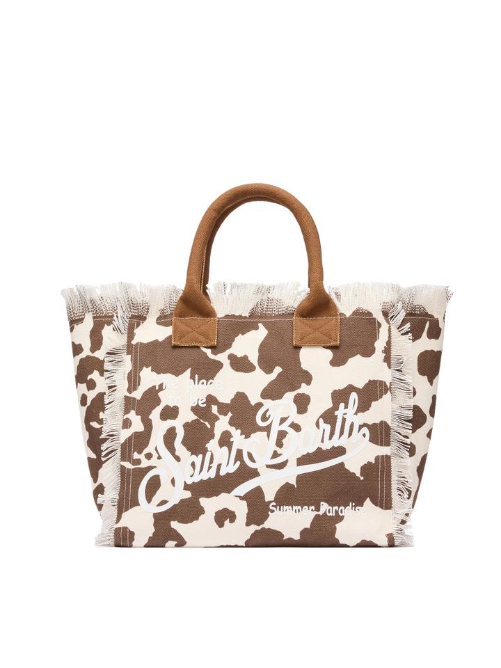 Borsa a spalla Vanity in canvas di cotone con stampa pelle di mucca