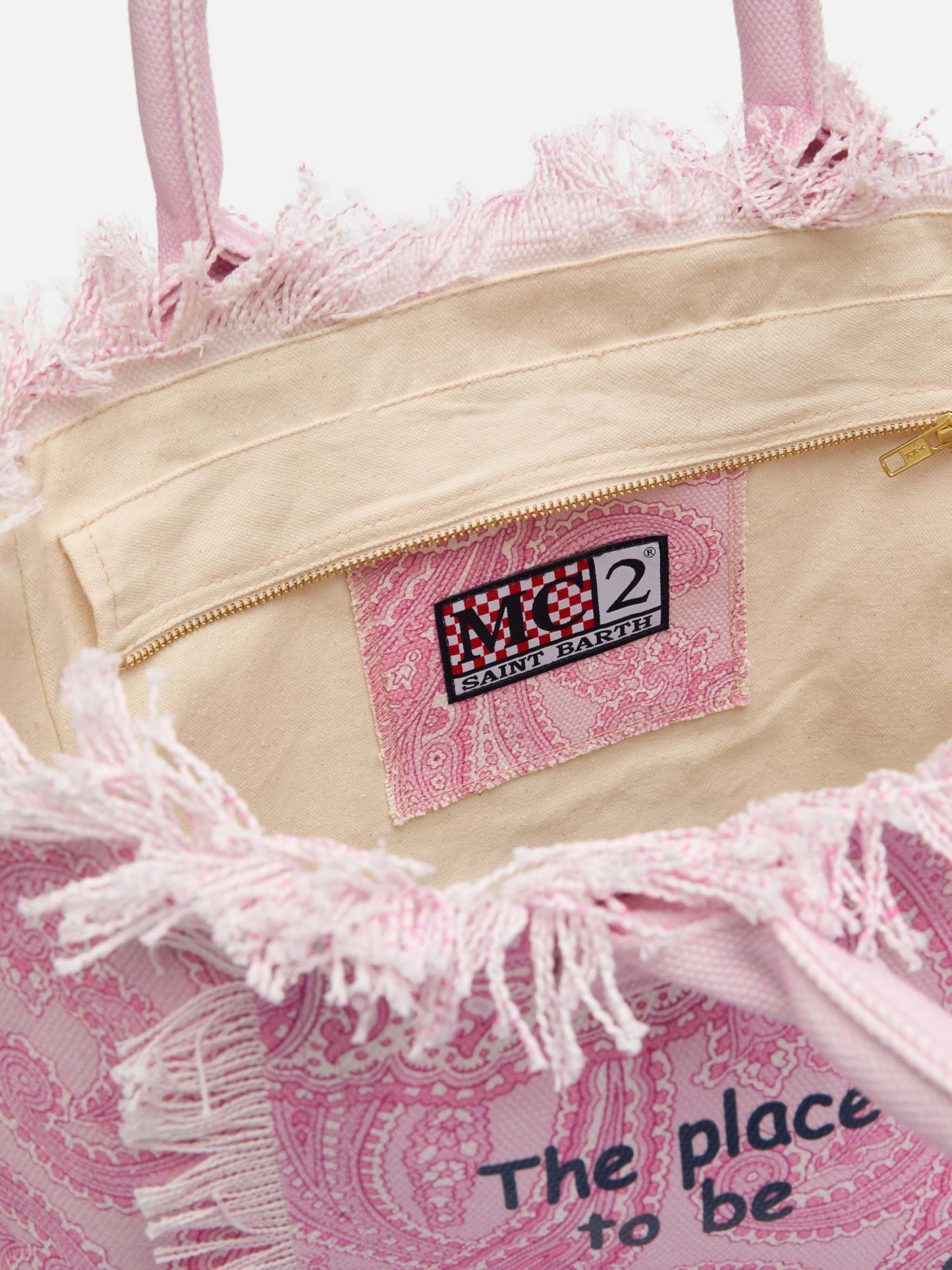 Borsa a spalla Vanity in canvas di cotone rosa con stampa paisley