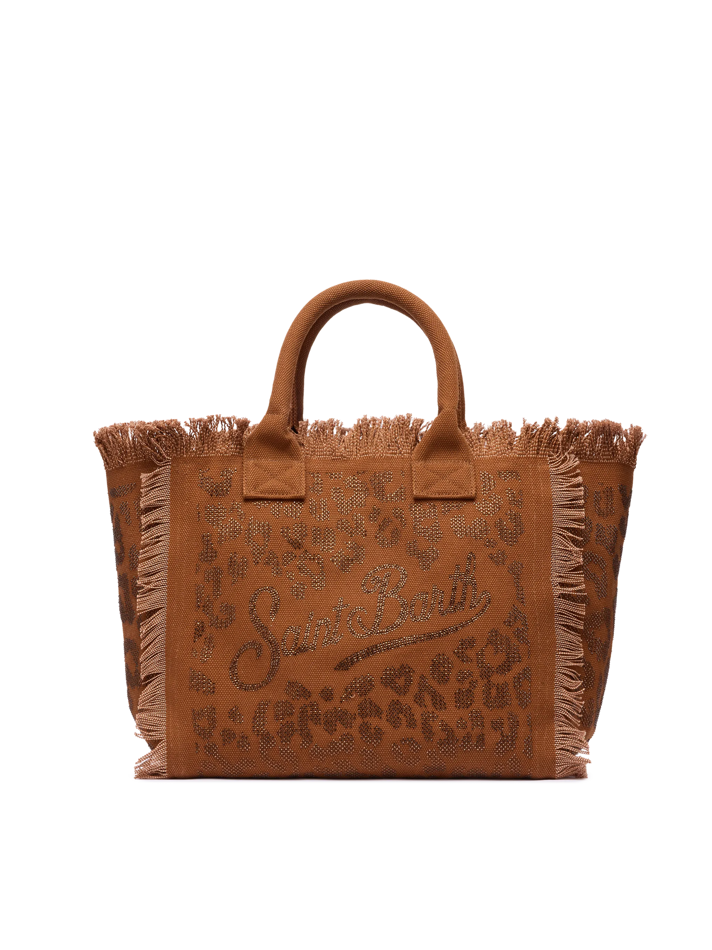 Borsa a spalla Vanity in canvas di cotone marrone con decorazioni in strass leopardate