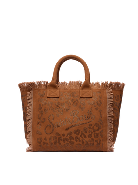 Borsa a spalla Vanity in canvas di cotone marrone con decorazioni in strass leopardate