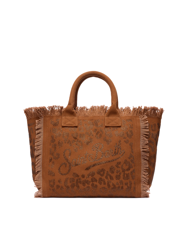 Brown cotton canvas Vanity tote bag with leopard rhinestone embellishment
