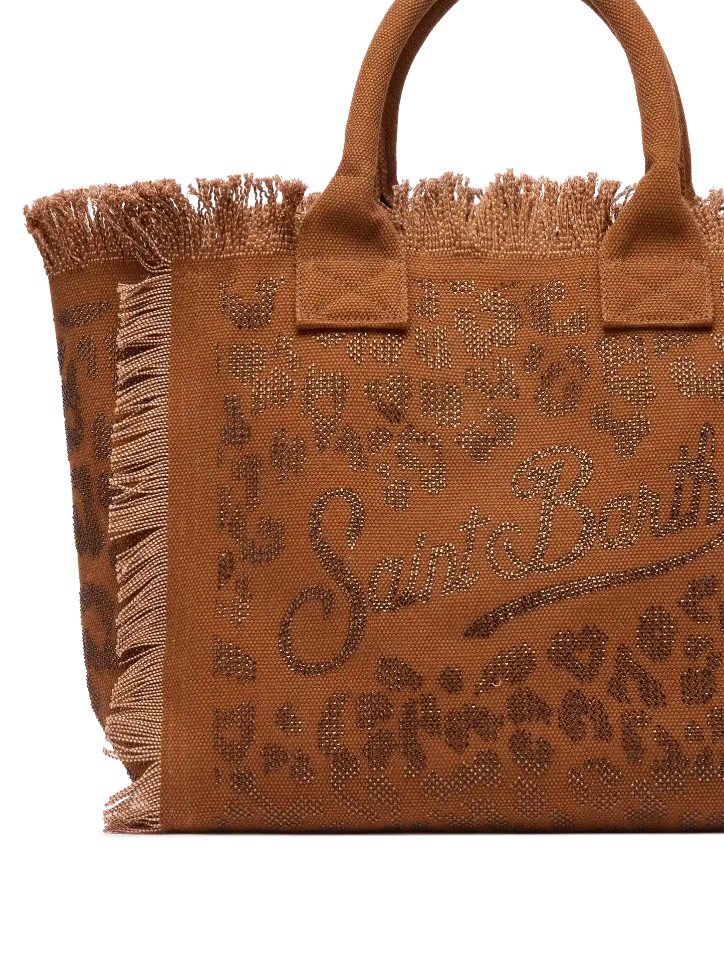 Borsa a spalla Vanity in canvas di cotone marrone con decorazioni in strass leopardate