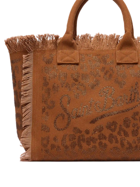 Borsa a spalla Vanity in canvas di cotone marrone con decorazioni in strass leopardate