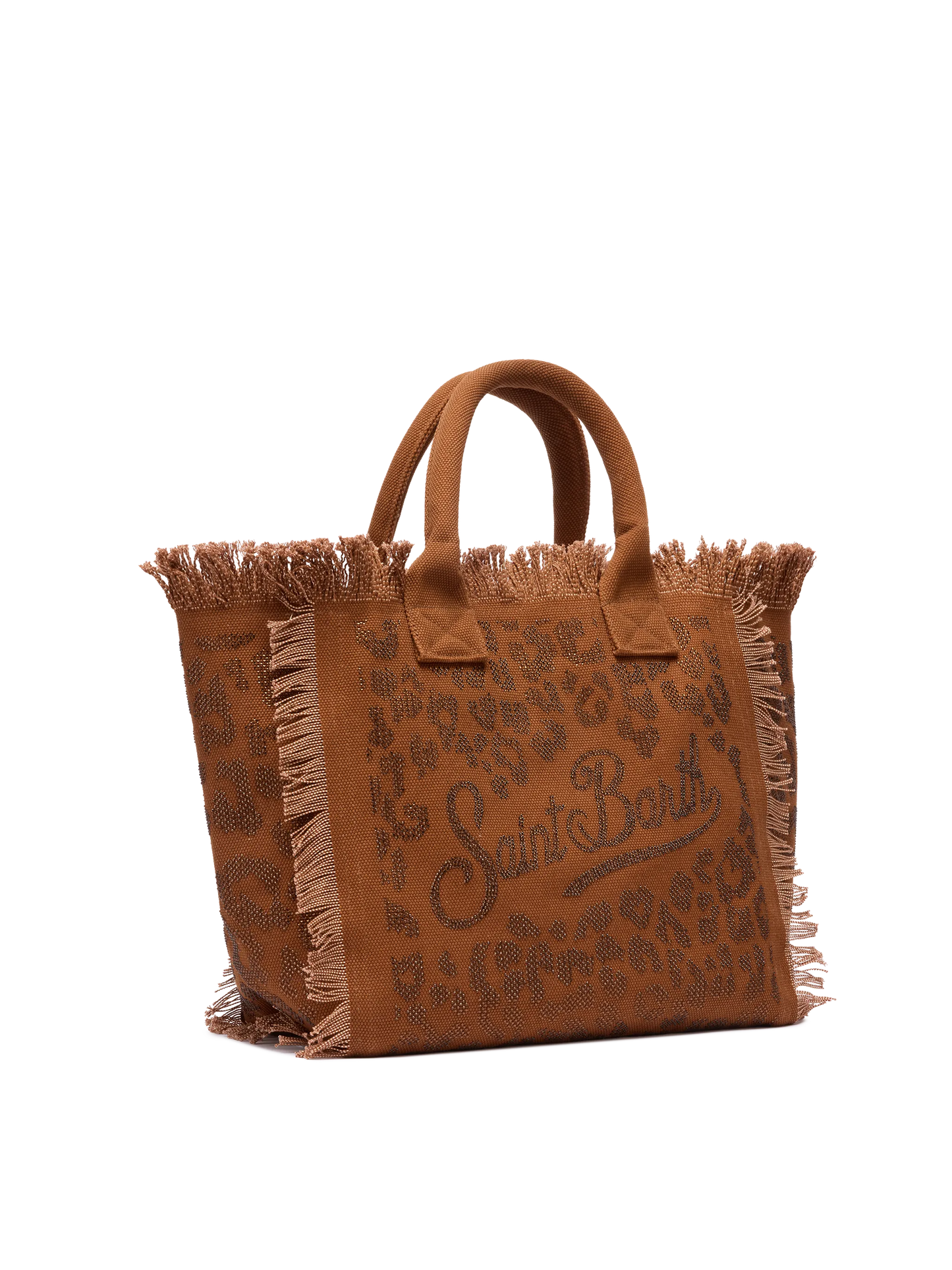 Borsa a spalla Vanity in canvas di cotone marrone con decorazioni in strass leopardate
