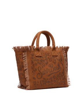 Borsa a spalla Vanity in canvas di cotone marrone con decorazioni in strass leopardate