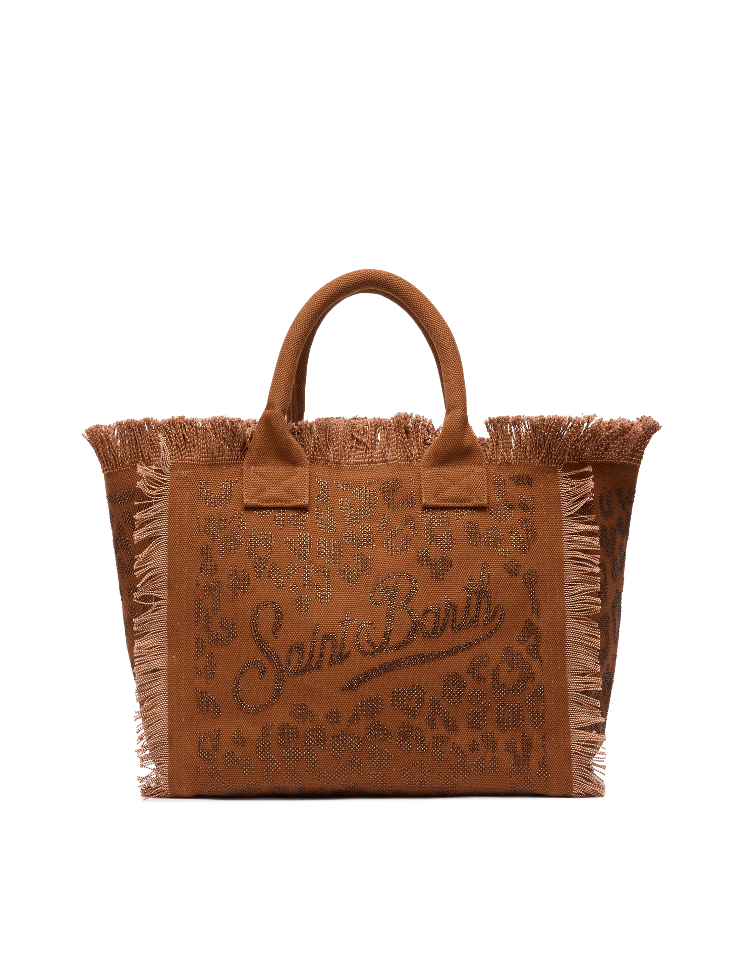Borsa a spalla Vanity in canvas di cotone marrone con decorazioni in strass leopardate